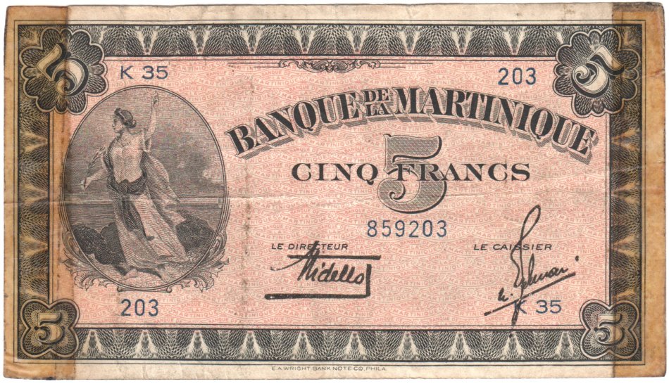 Martinique 5 Francs Emergency Issue - cellotape damage