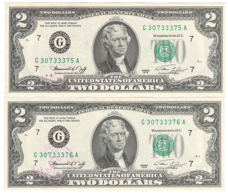 USA 1976 Bicentennial 2 Dollars - 2 consecutive numbers with 13c stamp & cancellation JOYFIELD