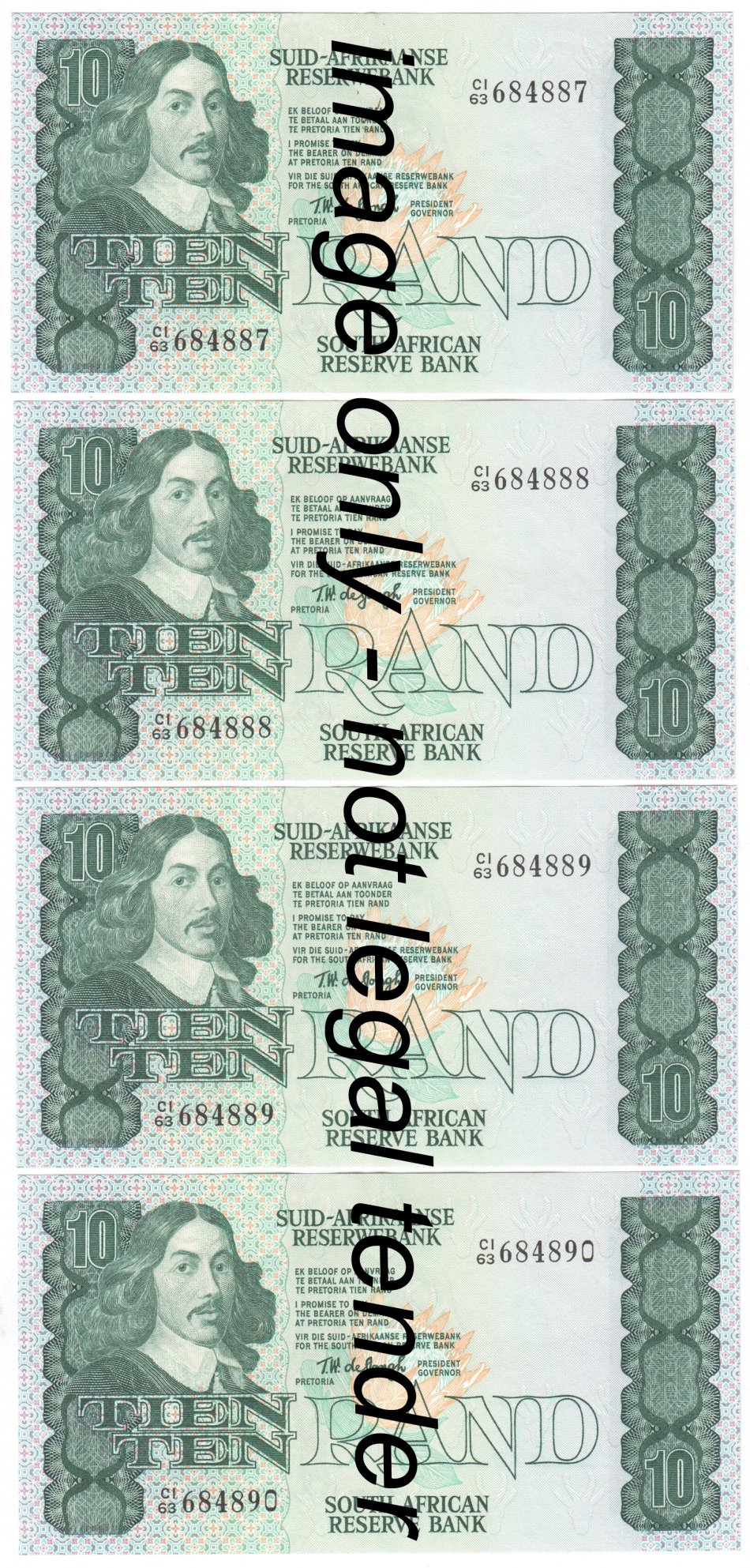 TW de Jongh 4th Issue Lot of 4 uncirculated R10 notes - consecutive numbers C1/63