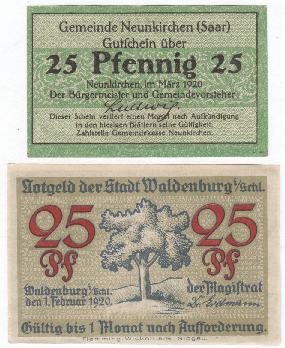 Lot of two 25pfg Notegeld notes - Waldenburg and Neuekirchen