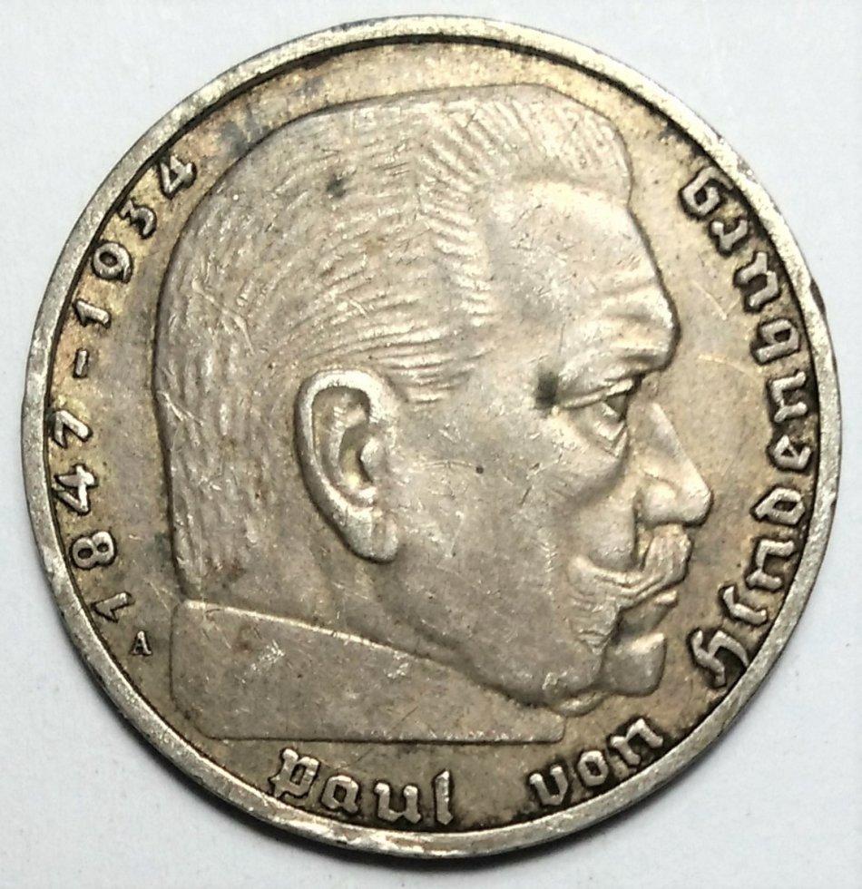 Europe - 1939 Germany - 2 Reichsmark (Paul von Hindenburg) - .625 ...